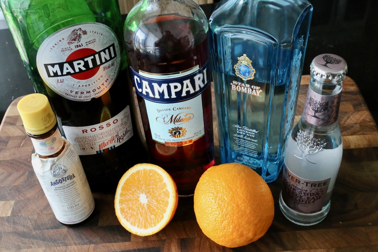 Traditional Negroni Spritz Cocktail recipe ingredients. 
