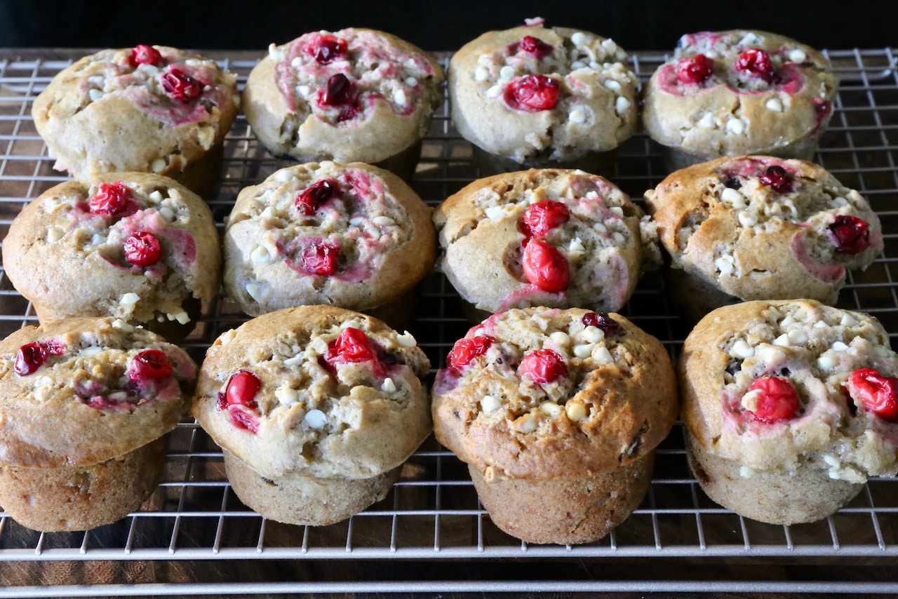 Cool Cranberry and White Chocolate Muffins on a rack for 10 minutes before serving.