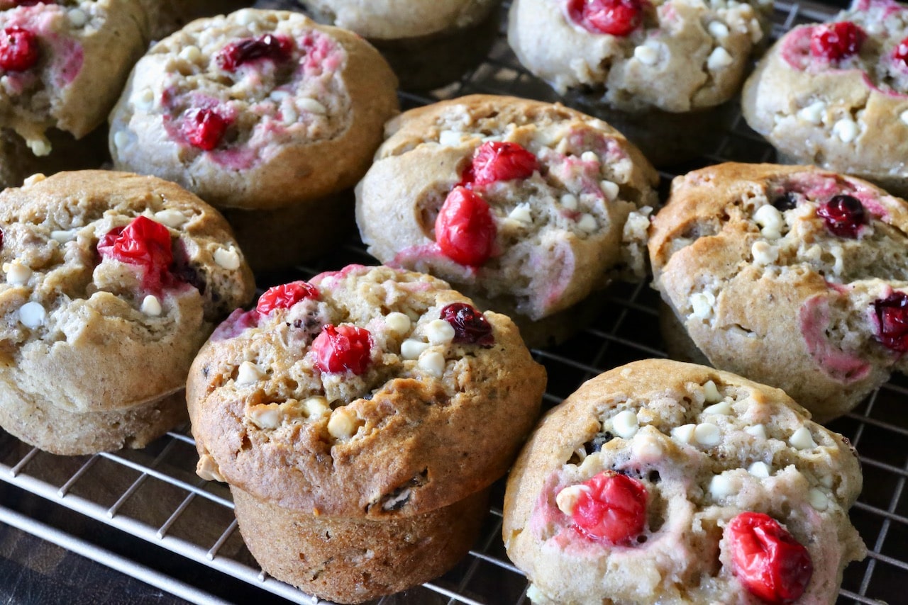 Kids love these festive Christmas muffins made with cranberries and white chocolate chips.