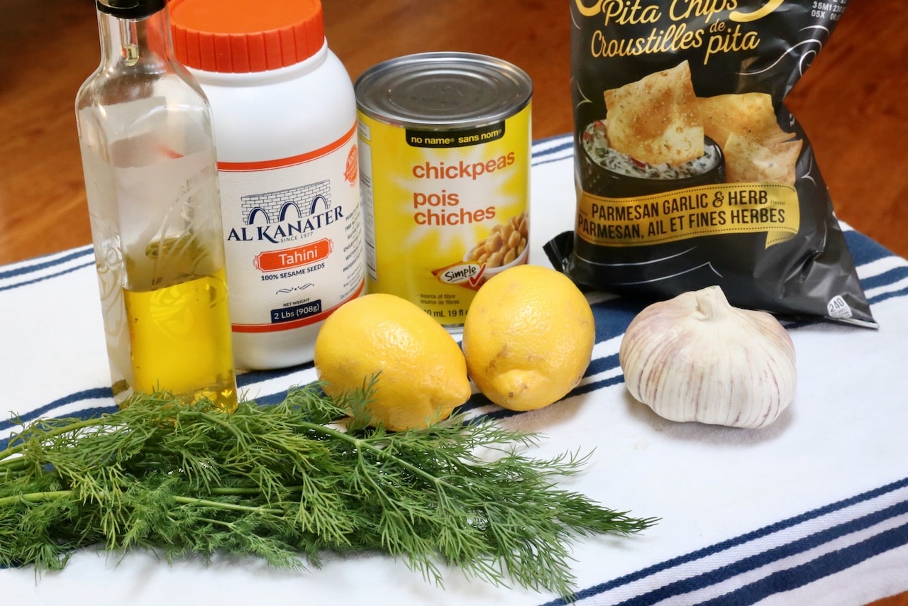 Traditional Lemon Dill Hummus recipe ingredients.