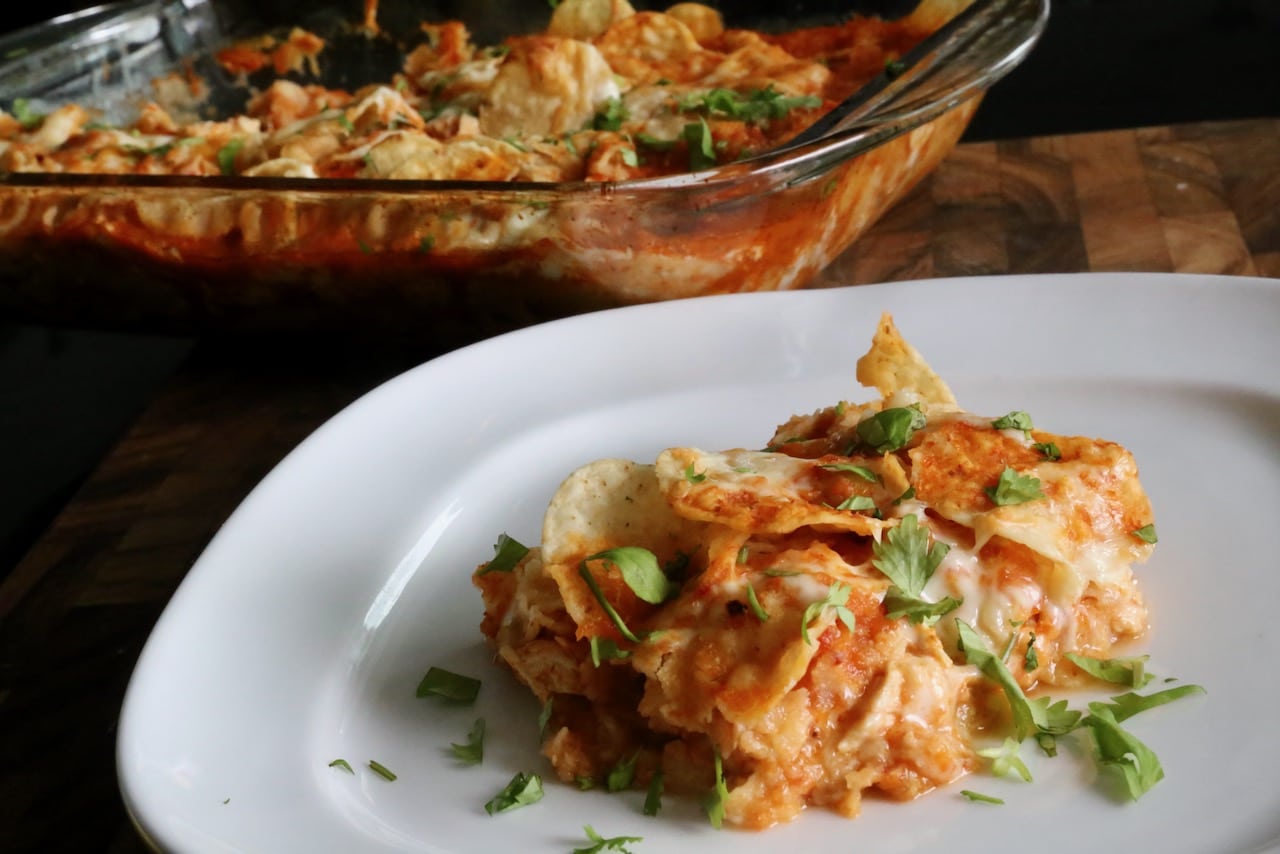 We love serving this homemade casserole "Pastel Azteca" at Mexican themed dinner parties.