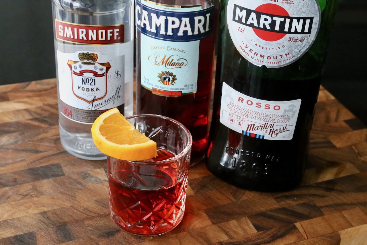 Serve this easy Vodka Negroni in a rocks glass.