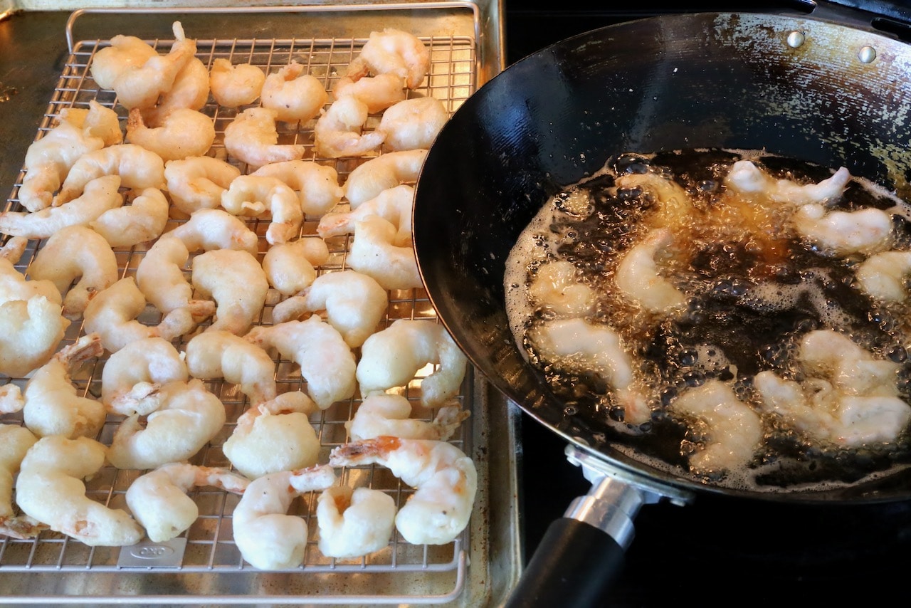 Creamy Coconut Shrimp: Let deep fried shrimp rest on a rack to help drain excess oil.