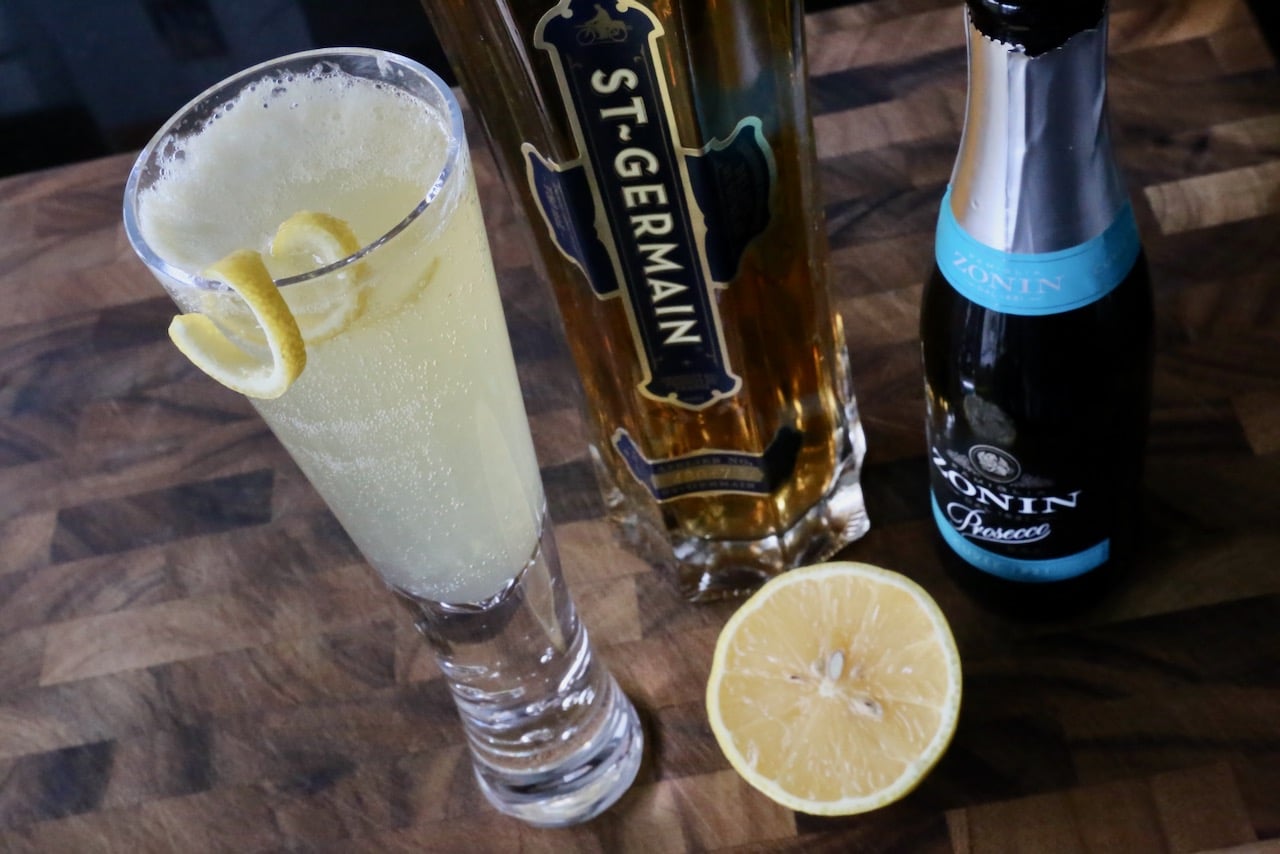 The French 77 cocktail features lemon juice, prosecco and St Germain elderflower liqueur. 
