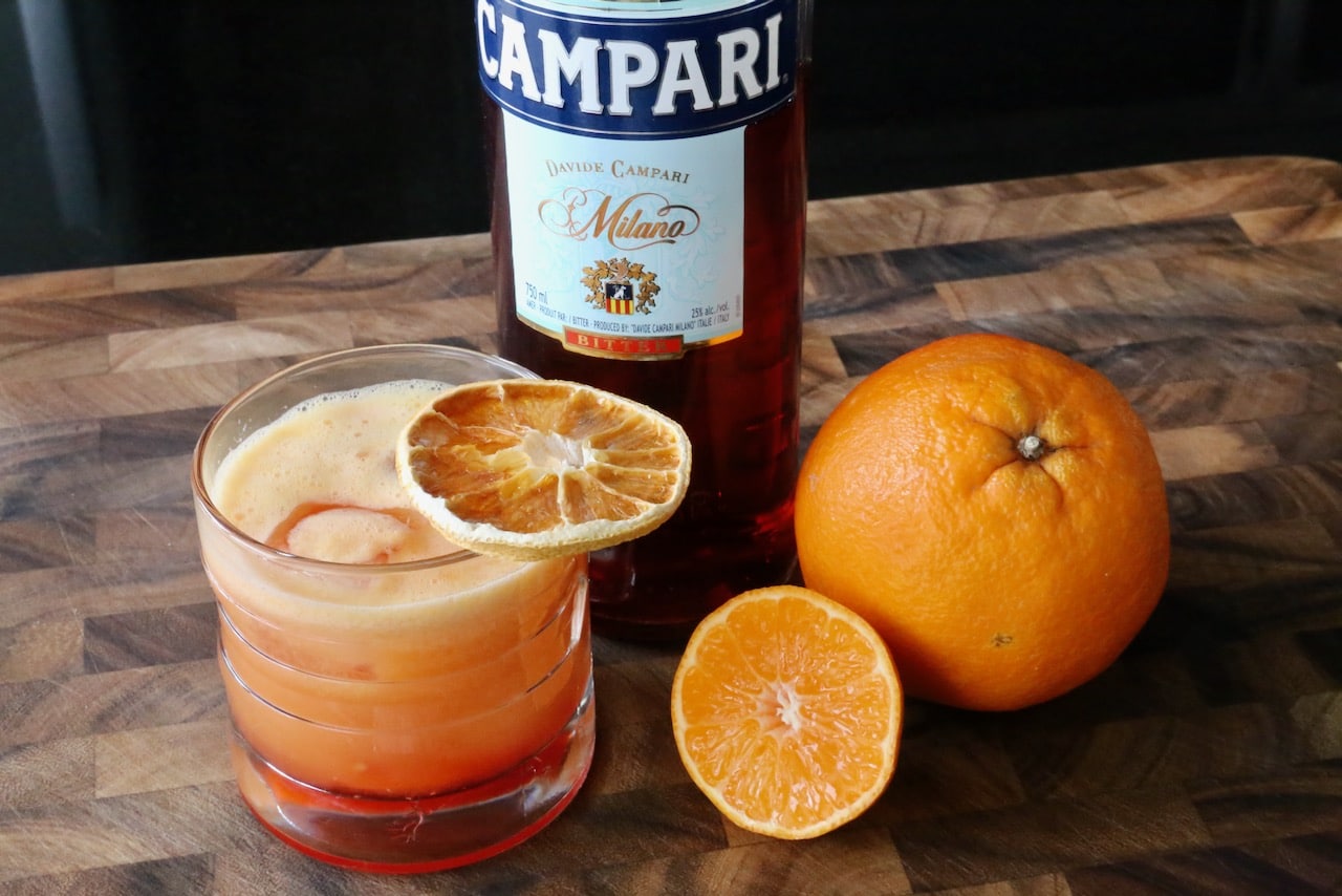 A Garibaldi cocktail features campari and frothy orange juice blitzed in a blender.