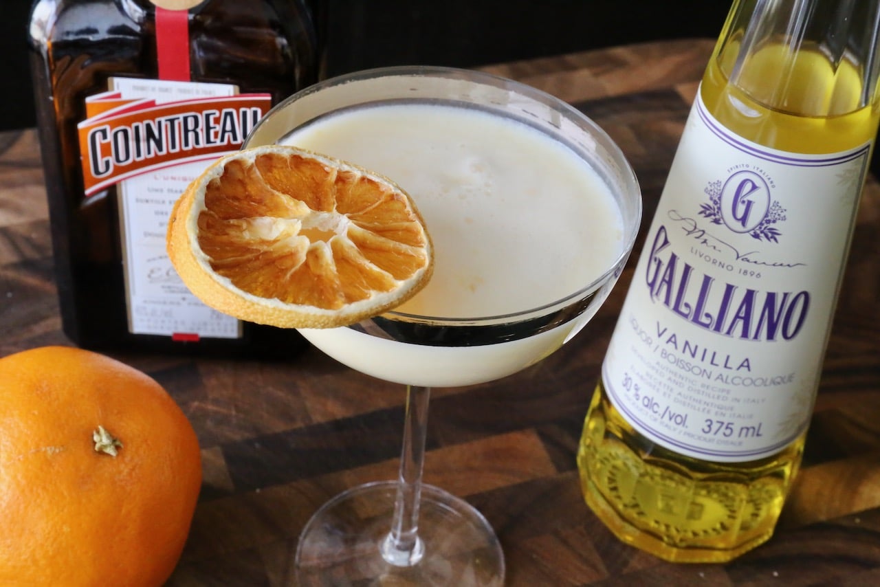Garnish a Golden Dream Cocktail with dehydrated citrus slice or fresh orange wheel.