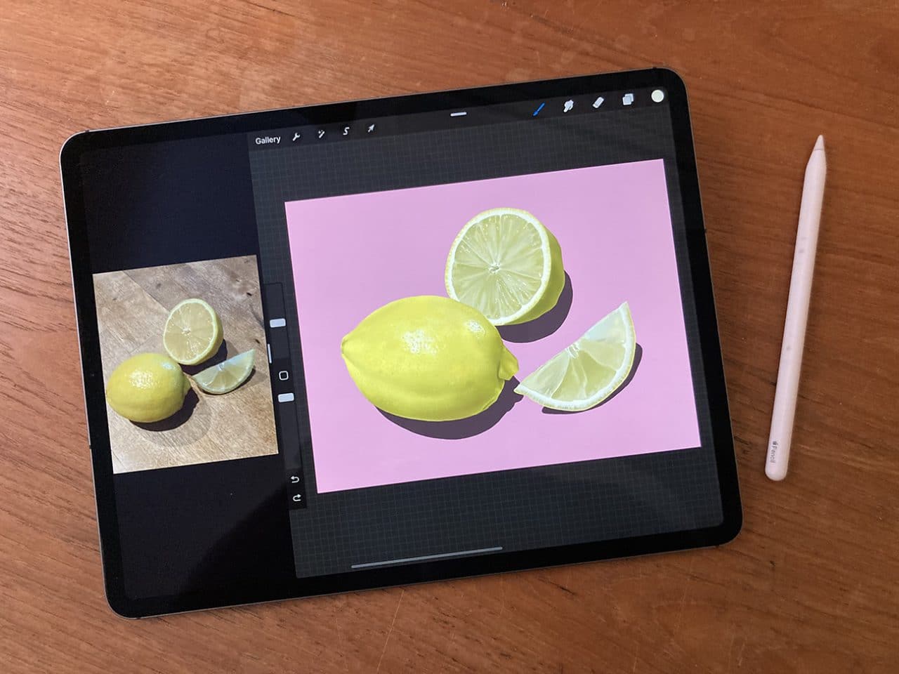 Learning how to draw lemons from a reference photo is easy with Procreate on iPad Pro