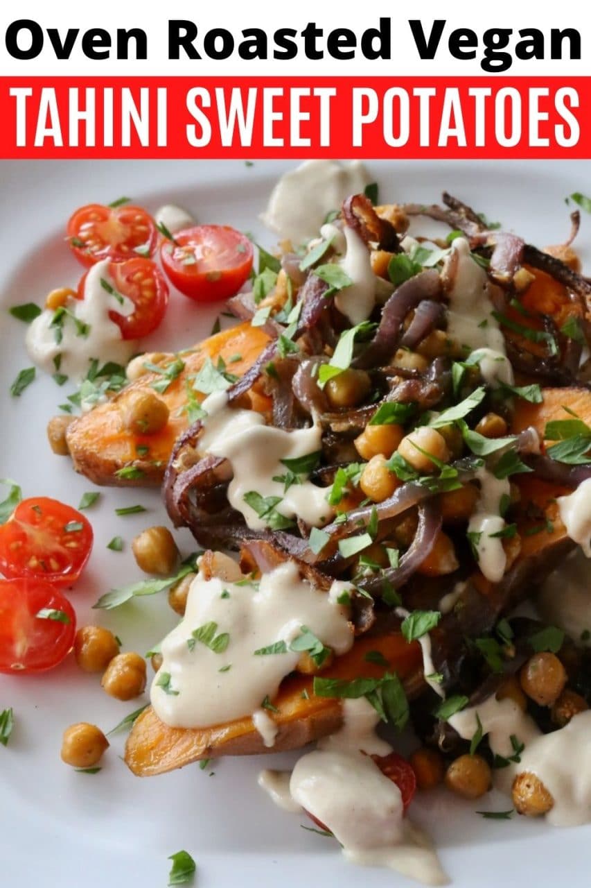 Save our Lebanese Baked Vegan Tahini Sweet Potatoes recipe to Pinterest!