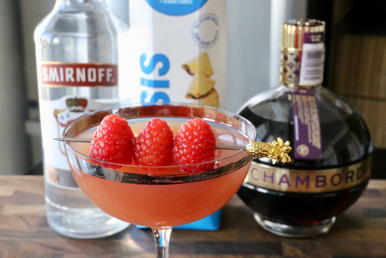 A Chambord French Martini features vodka, French raspberry liqueur and pineapple juice.