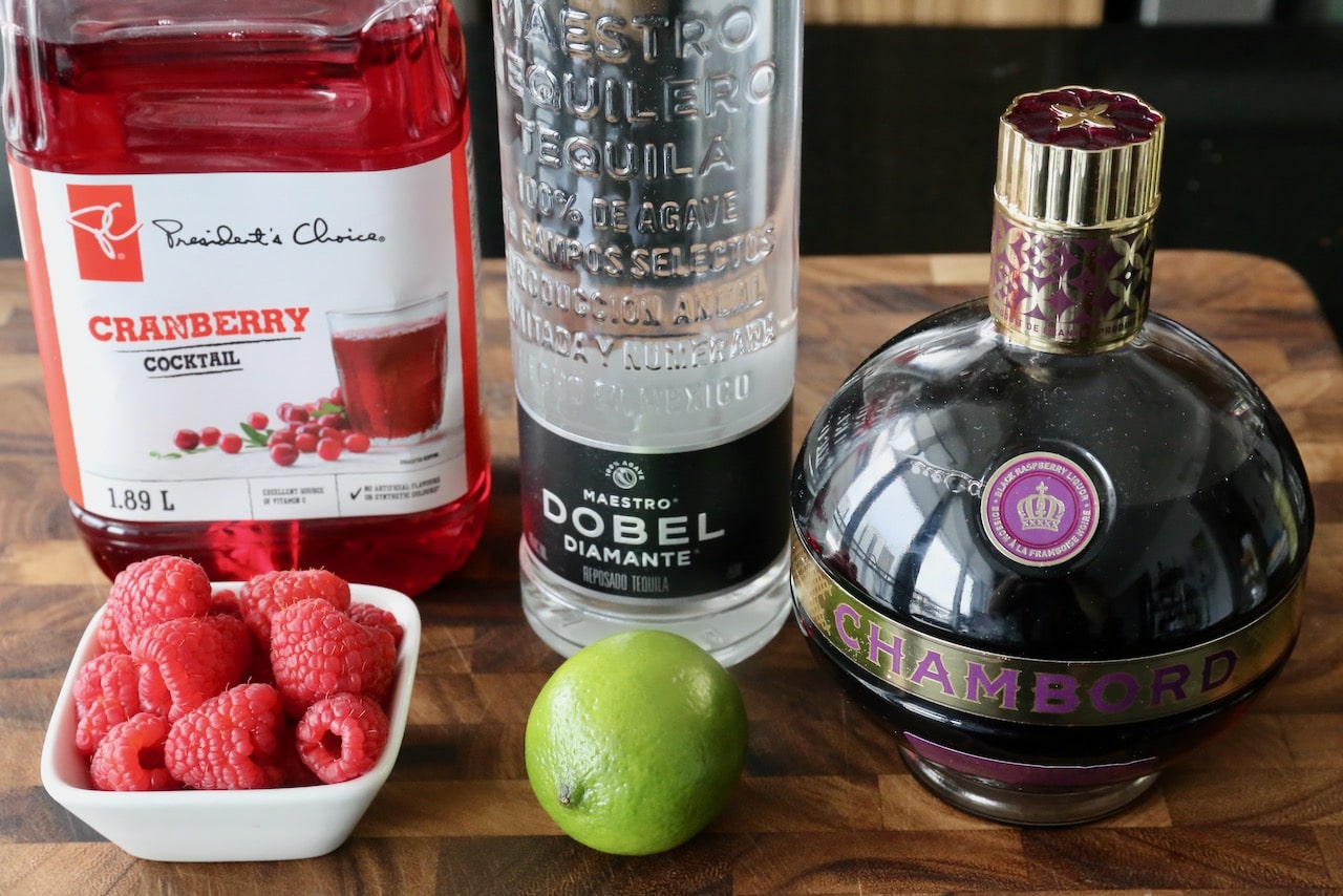 Raspberry Chambord Margarita Cocktail recipe ingredients.
