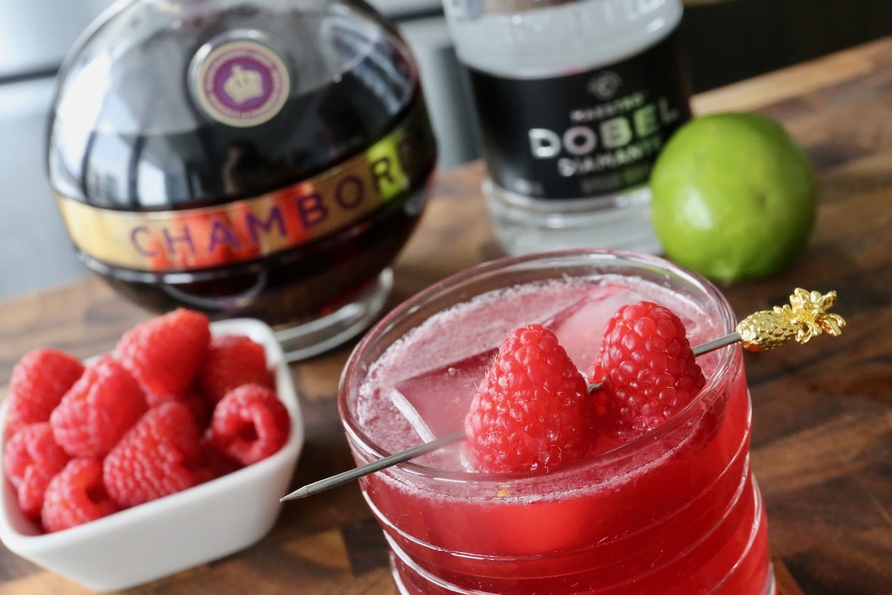 This Chambord Margarita is flavoured with a French black raspberry liqueur. 
