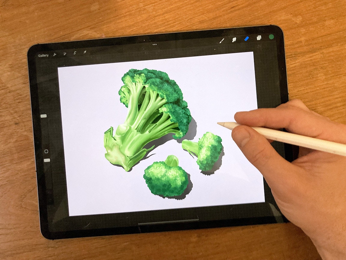 Learn the process of creating a digital broccoli drawing with Procreate on iPad Pro