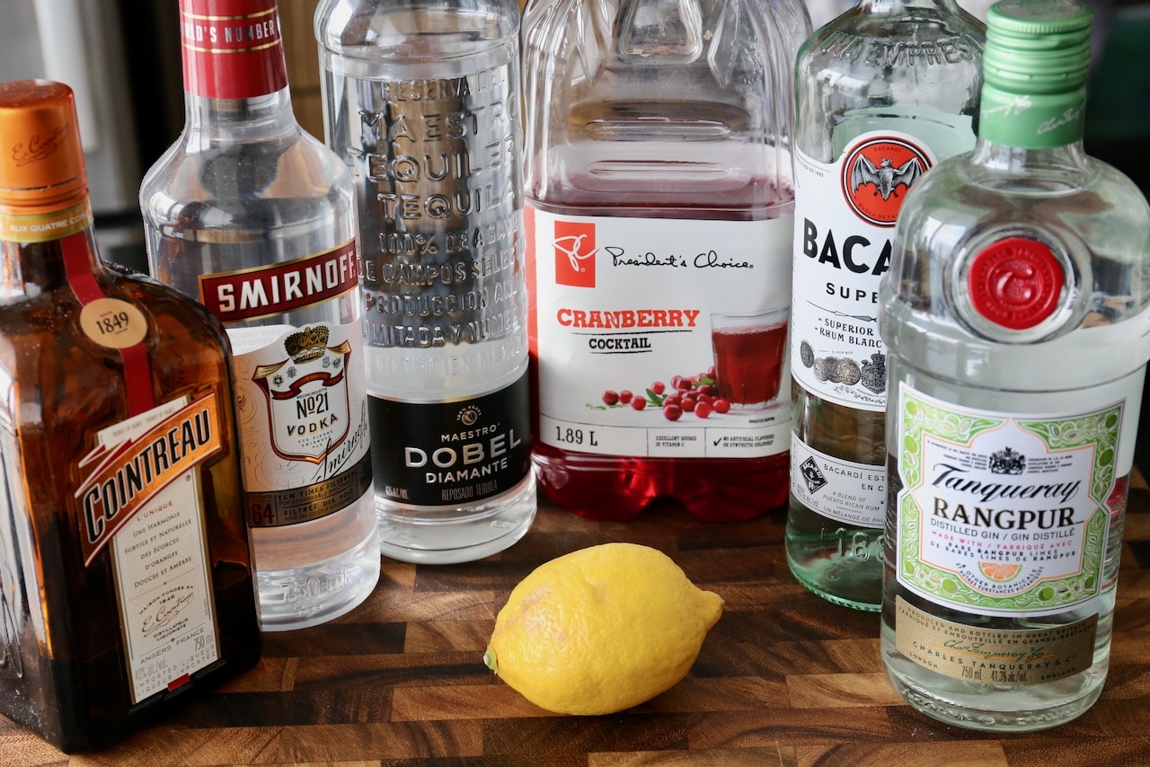 Traditional Long Beach Iced Tea Cocktail recipe ingredients.