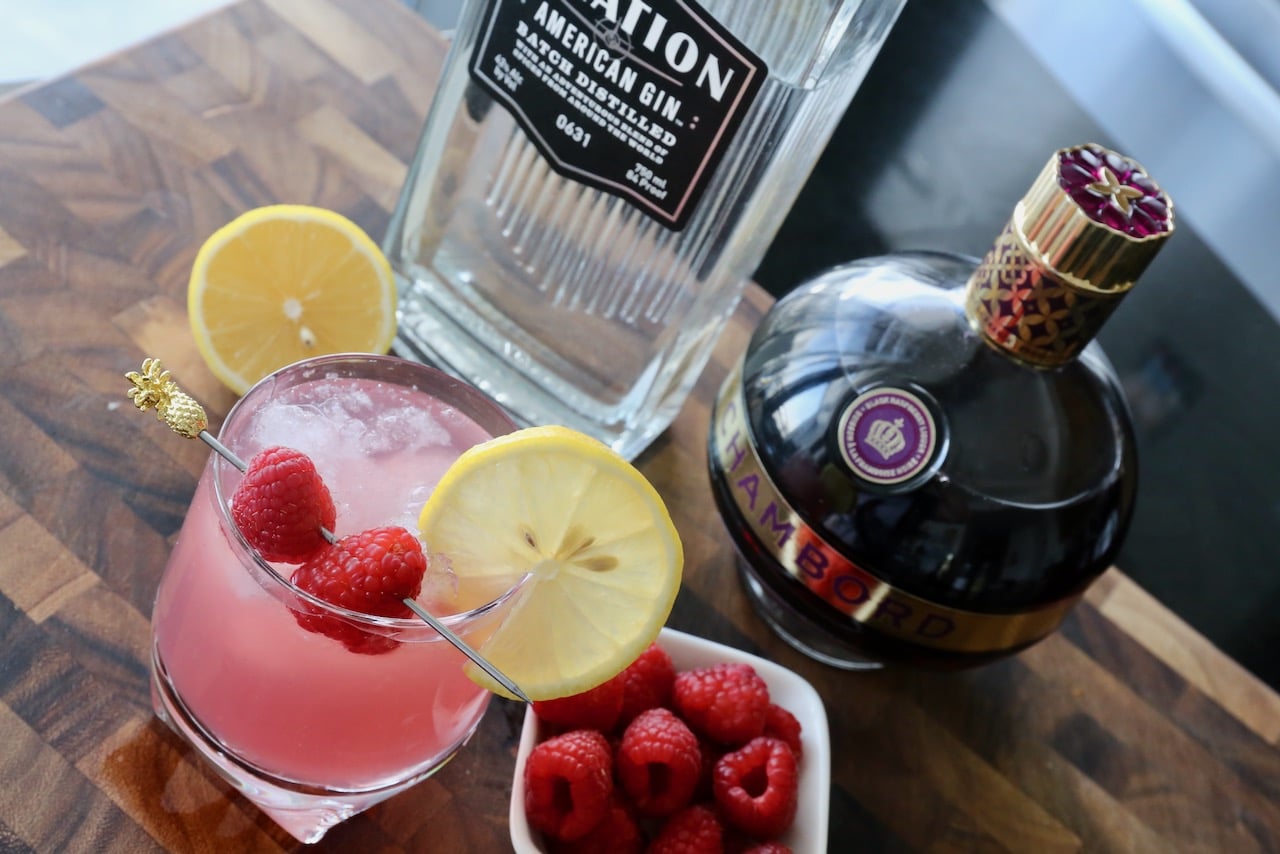 The Raspberry Bramble is made with gin and Chambord liqueur. 