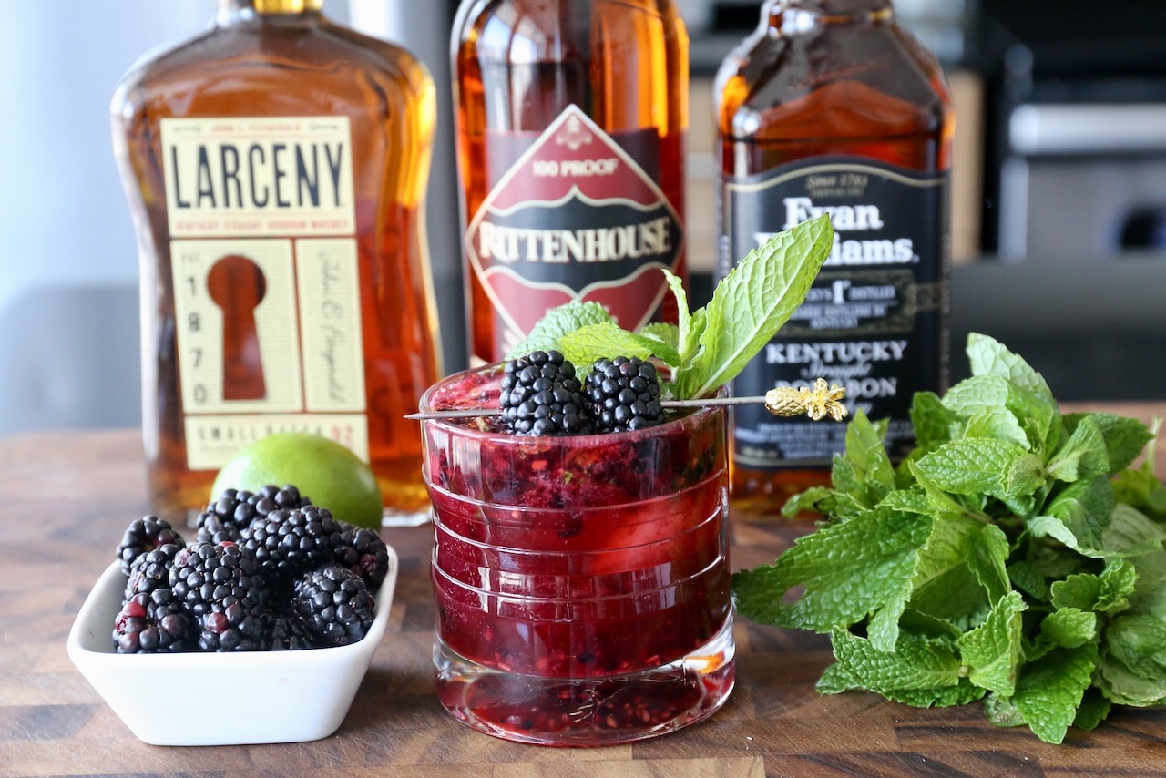 Our Blackberry Whiskey Smash Cocktail is prepared with bourbon.