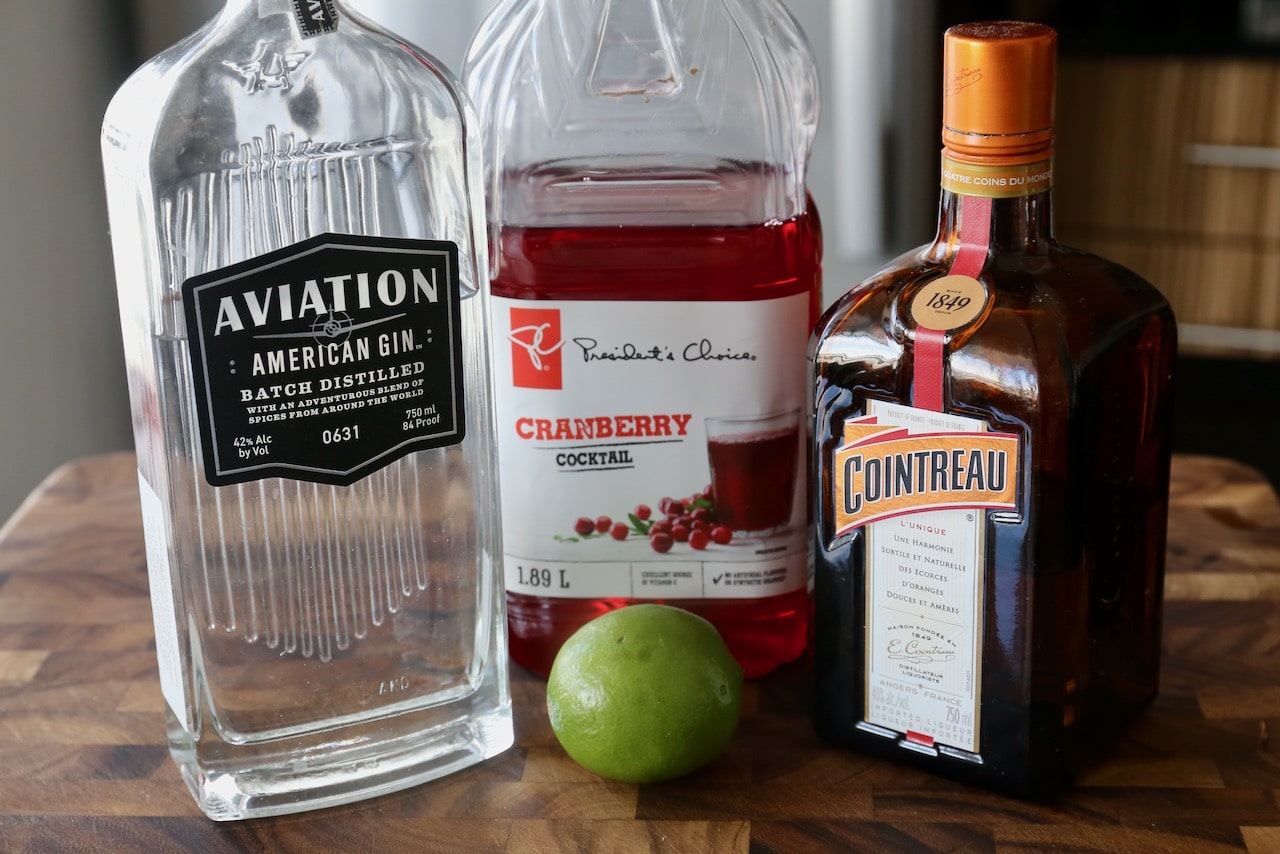Homemade Gin Cosmopolitan cocktail recipe ingredients.