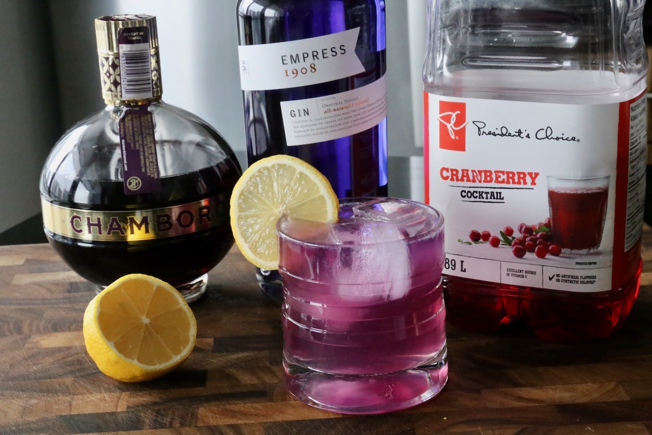 Serve this Purple Gin Cocktail in an ice filled rocks glass.