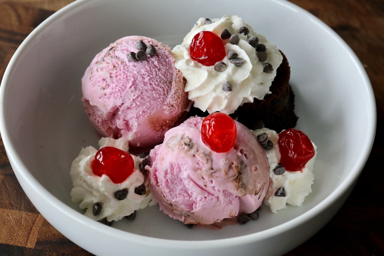 Black Forest Ice Cream is inspired by a famous German cake featuring chocolate, cherries and whipped cream.