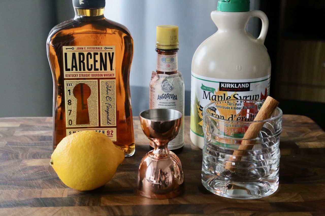 Traditional Maple Bourbon Sour recipe ingredients.