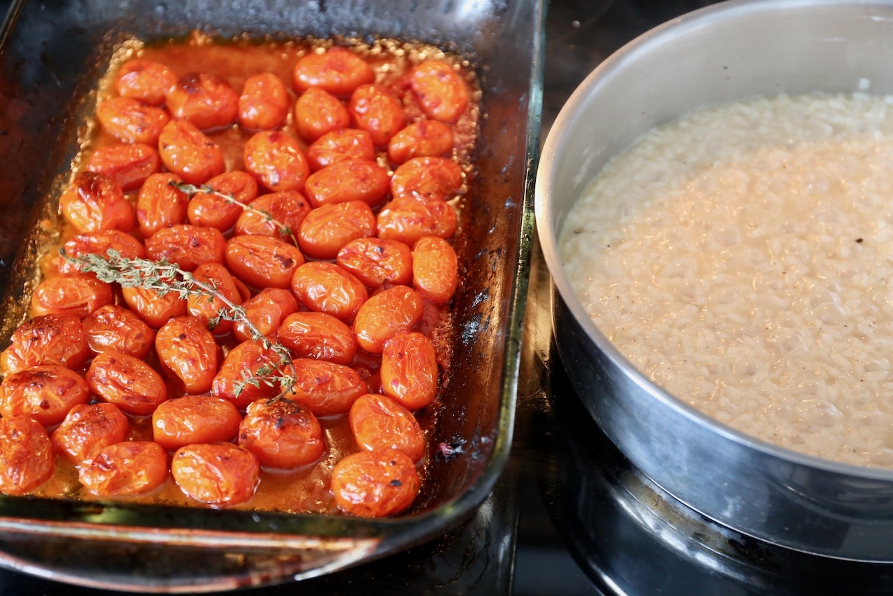 This easy vegetarian risotto features sweet roasted tomatoes.