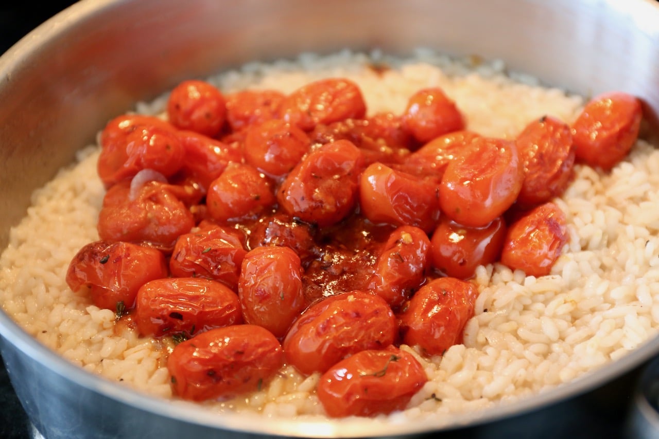 Add oven-roasted tomatoes to the Caprese risotto.