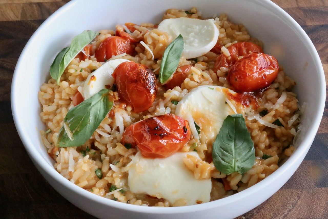 Serve Caprese Risotto as a vegetarian side dish or entree.