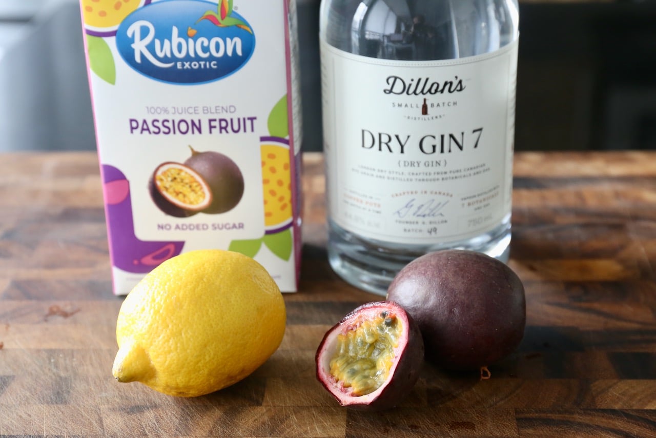 Homemade Passion Fruit Gin Cocktail recipe ingredients.