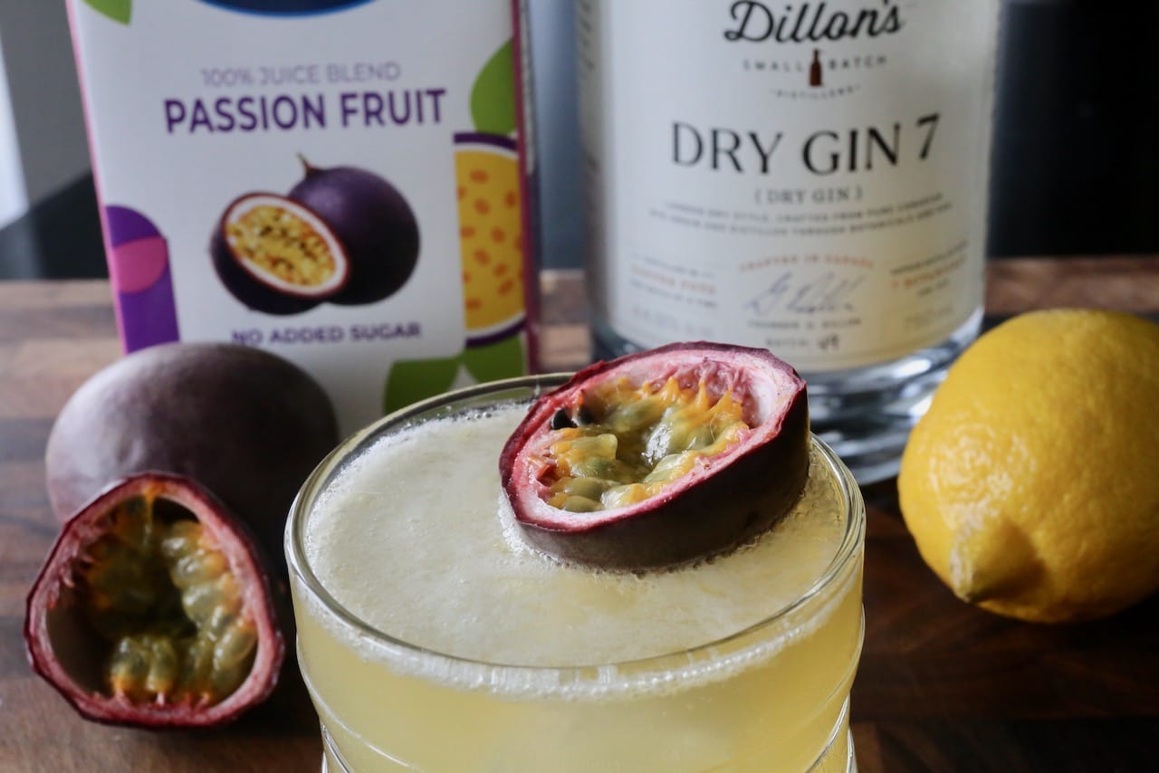 The cocktail is sweetened with simple syrup and has tartness thanks to lemon and passion fruit juice.
