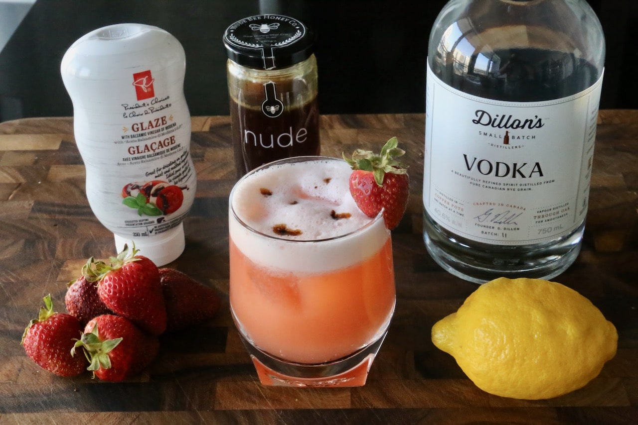 Our refreshing Strawberry Fields Cocktail features vodka, honey, lemon, egg white and balsamic. 