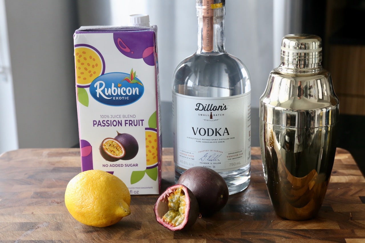Traditional Passion Fruit Martini recipe ingredients.