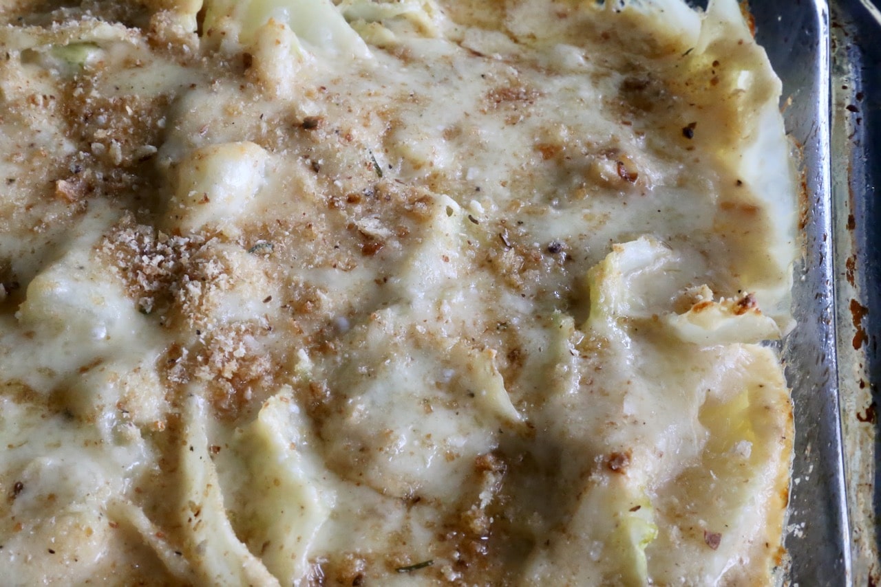 This delicious Baked Cabbage with Cheese Casserole recipe has a crispy gratin topping.