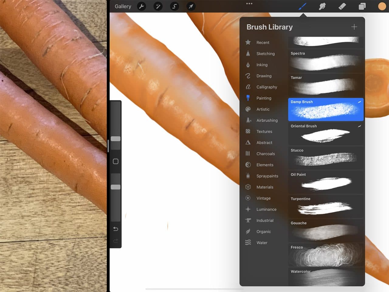 How to Draw Carrots: Procreate has many brushes to chose from for different textures.