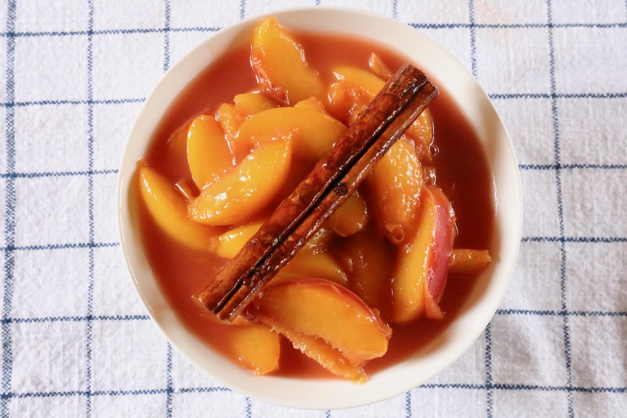 Our Stewed Peach recipe is flavoured with cinnamon, cloves, wine, sherry and peach schnapps. 