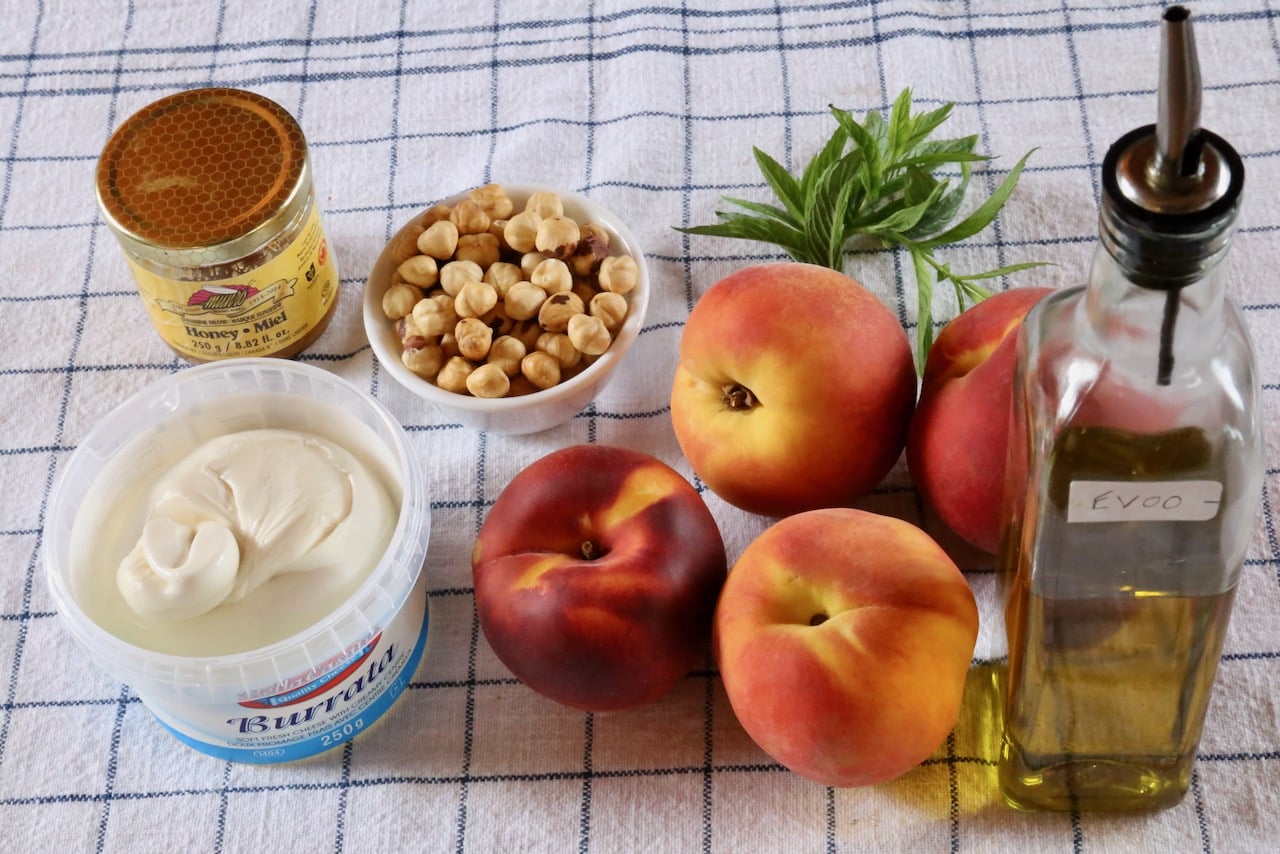 Italian Grilled Peach and Burrata Salad ingredients. 