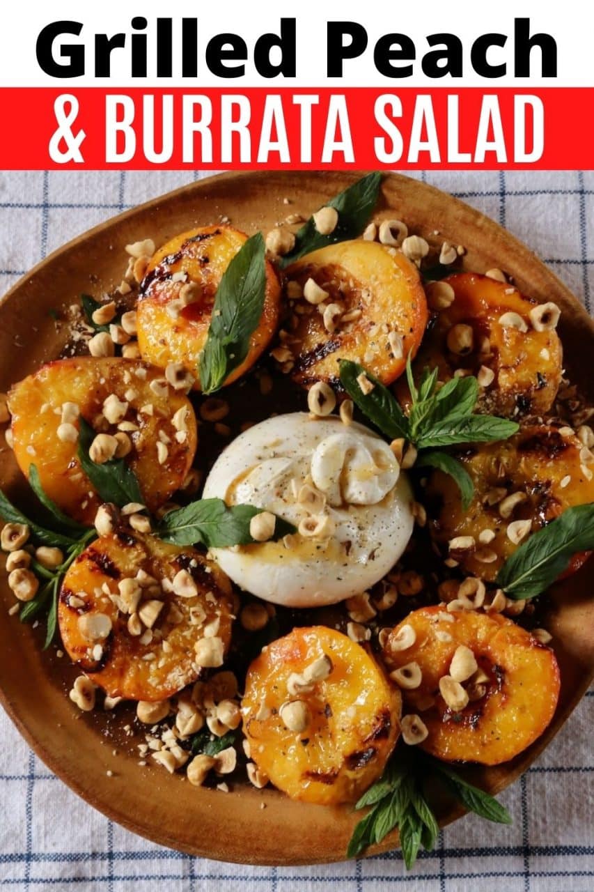 Save our Summer Grilled Peach and Burrata Salad recipe to Pinterest!