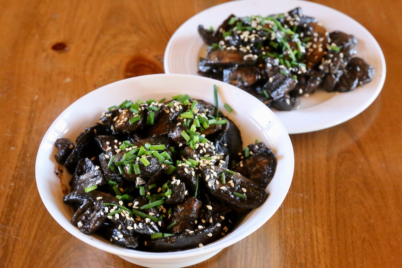 Garnish this Miso Mushroom recipe with a sesame seeds and finely chopped chives. 