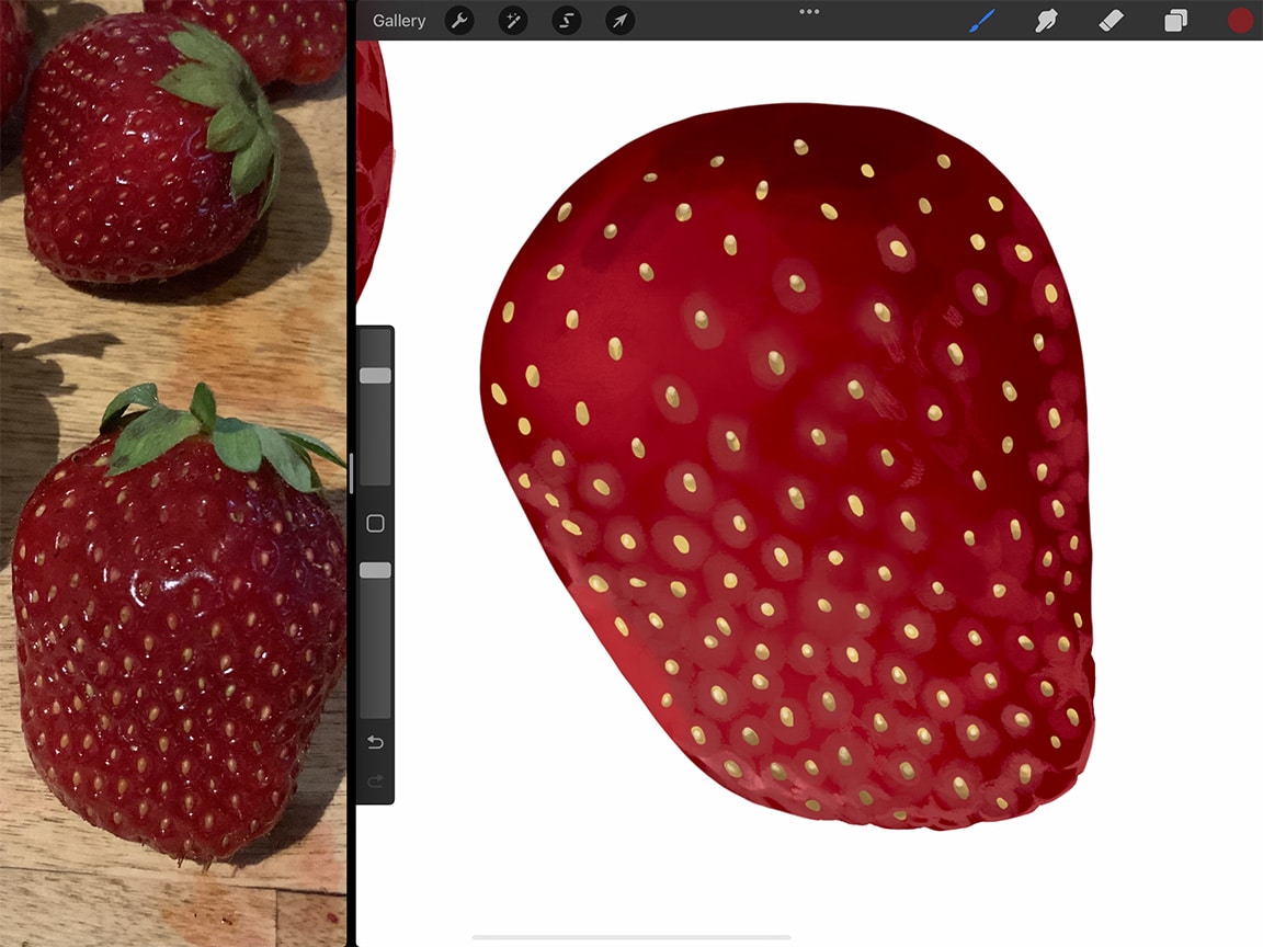 How to Draw A Strawberry: Use the texture of different brushes to mimic the texture of the strawberry skin.