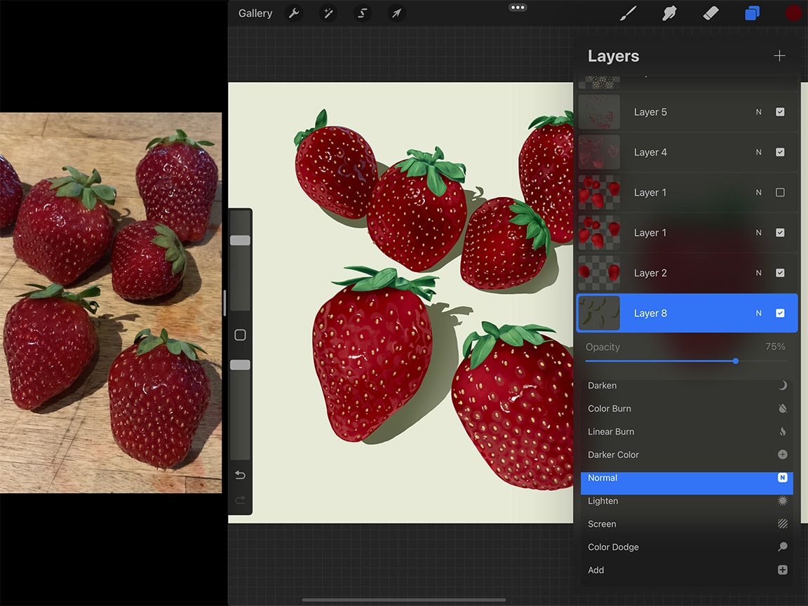 How to Draw Strawberries: Adjusting opacity is a useful tool when drawing digitally.