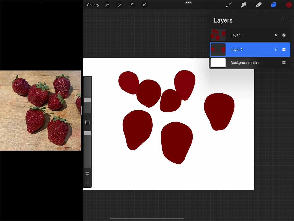 How to Draw A Strawberry: Blocking out your colours first is helpful for digital painting.