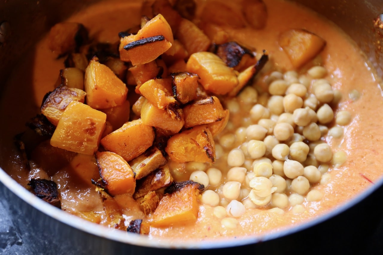 This vegan curry recipe features roasted butternut squash and protein-packed chickpeas.