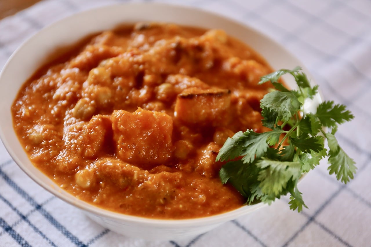 Serve Butternut Squash and Chickpea Curry with steamed rice or Indian flatbread like naan or paratha. 