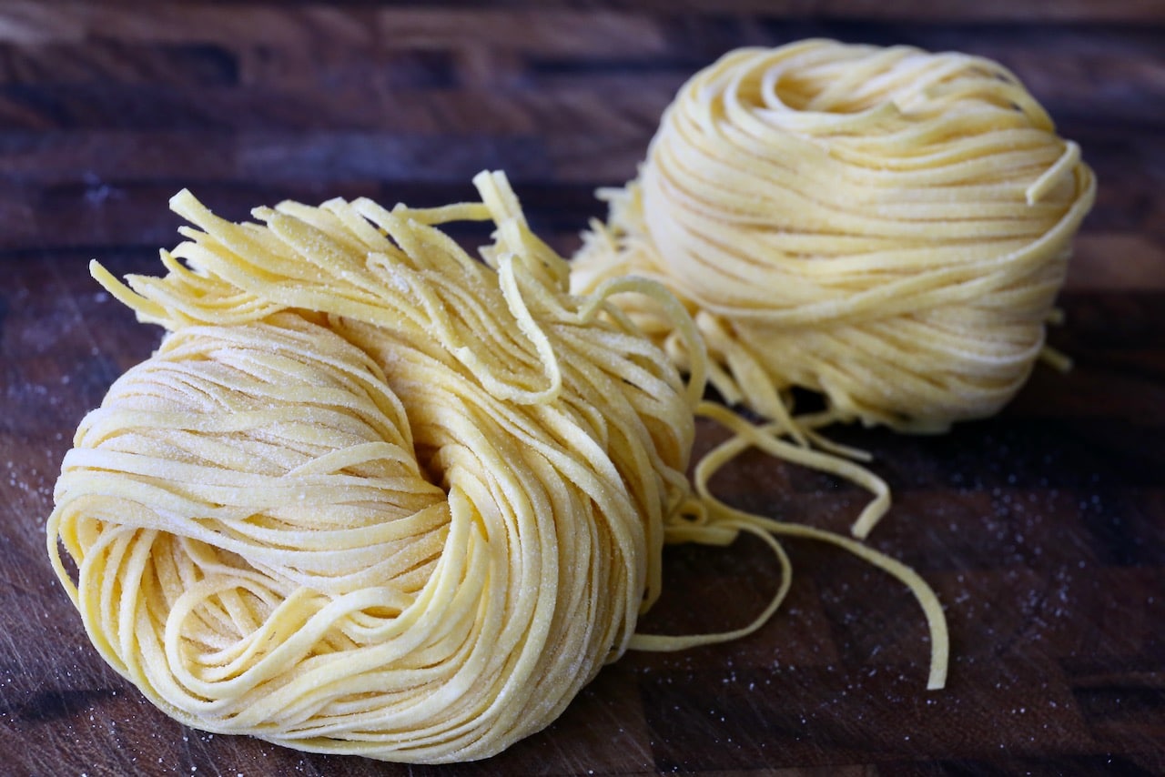 Eataly makes fresh homemade Tajarin pasta. Cook the noodles in salted boiling water for just 1 minute.