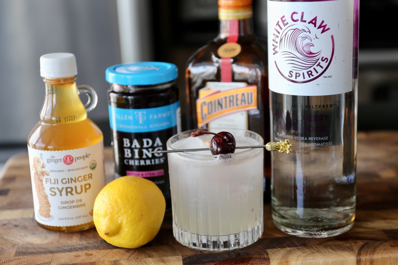 Serve our Black Cherry White Claw Vodka Cocktail recipe in an ice filled rocks glass.