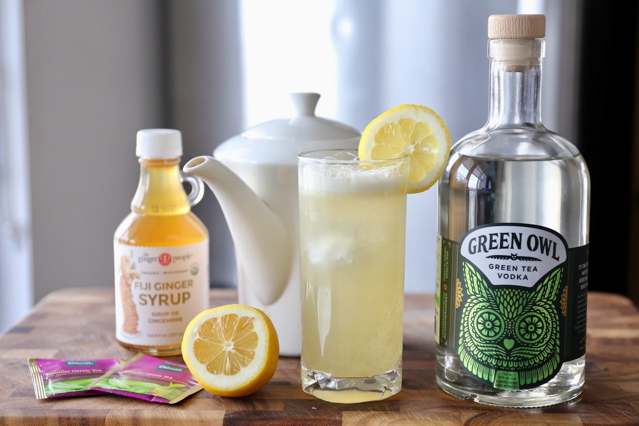 Serve this easy Green Tea Cocktail recipe in an ice filled Collins glass.