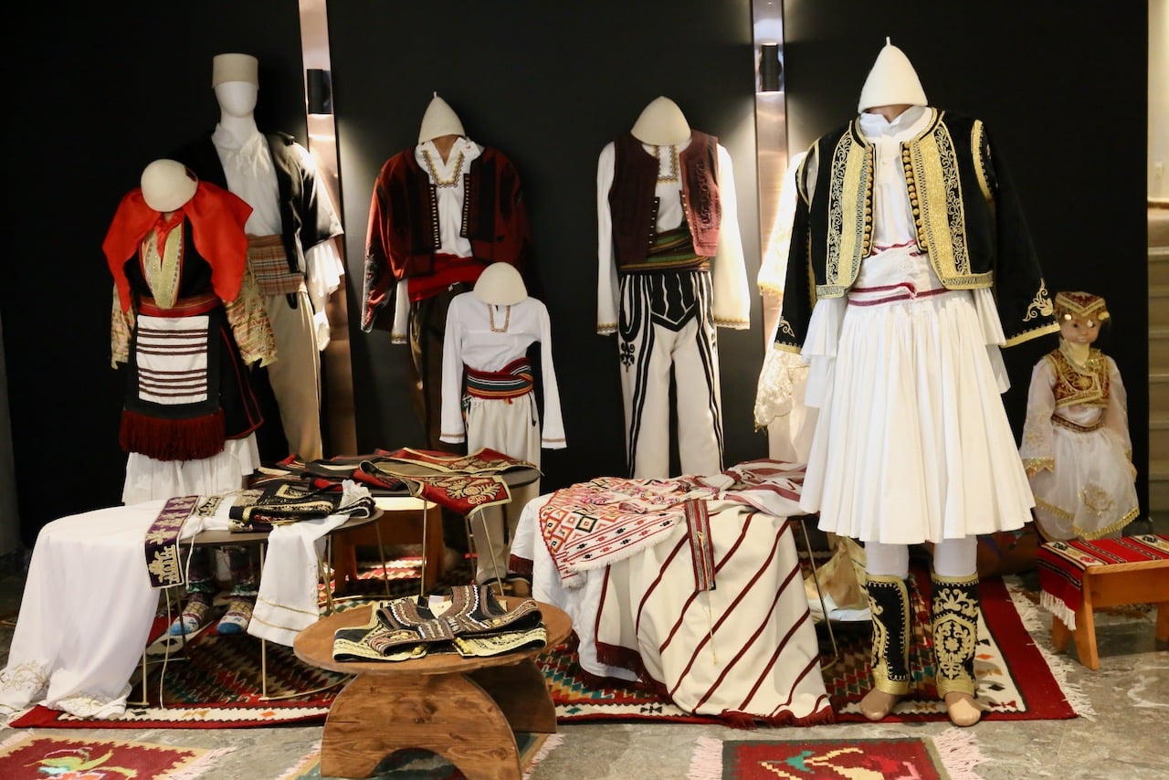 Traditional Albanian folk fashion are displayed in the lobby at Movenpick Durres. 