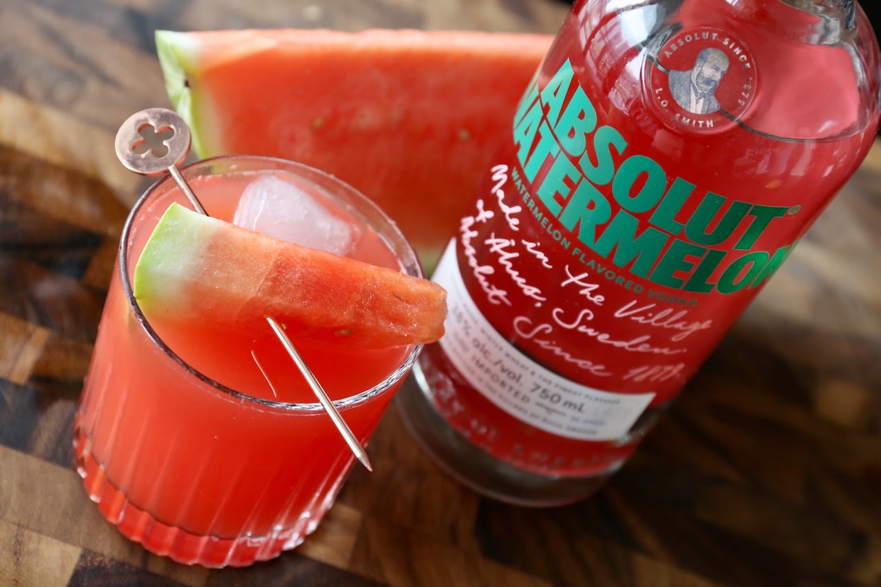 Serve this Absolut Watermelon Vodka drink in an ice filled rocks glass. 