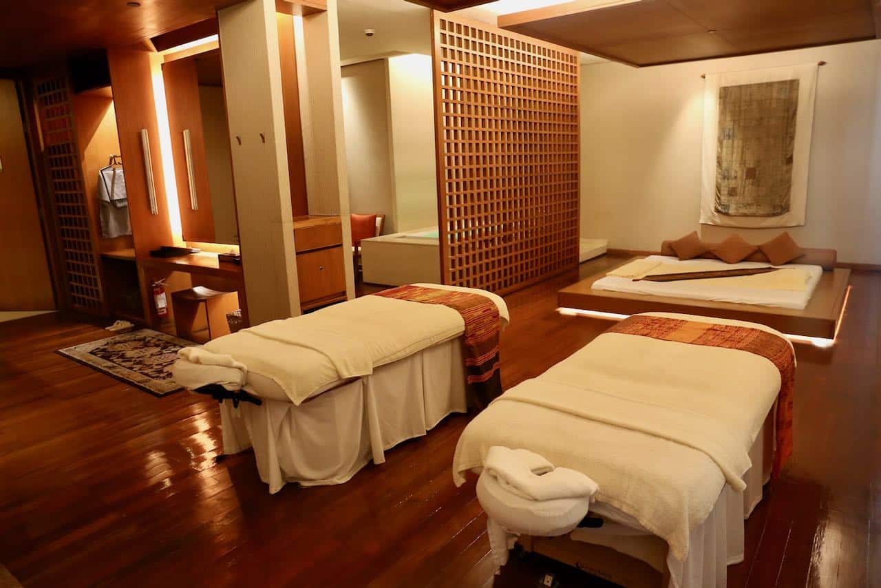 Shangri-La Bangkok's Spa Suites are outrageously decadent featuring a hot tub, massage bed and treatment tables.