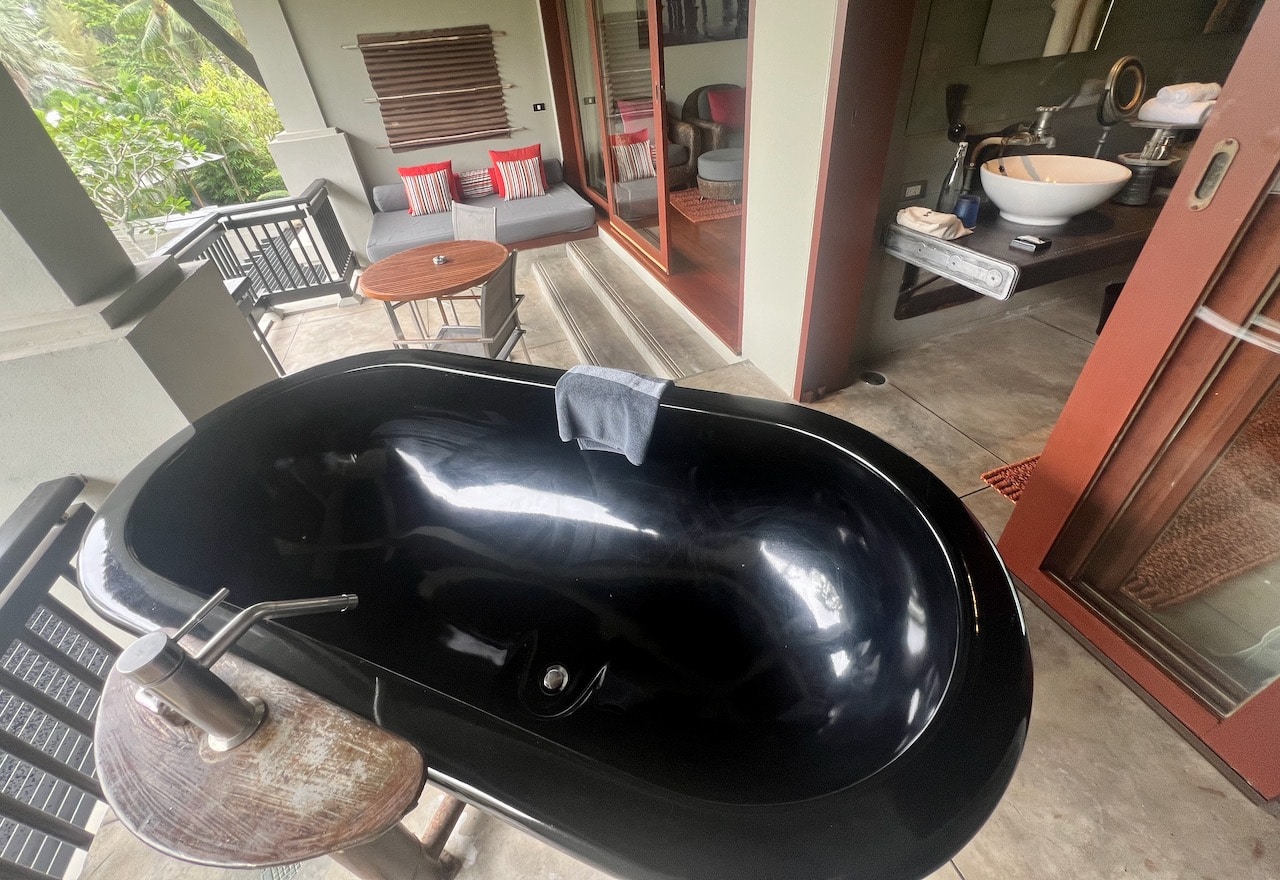 My suite at the hotel featured a spacious terrace with an outdoor tub and sala.