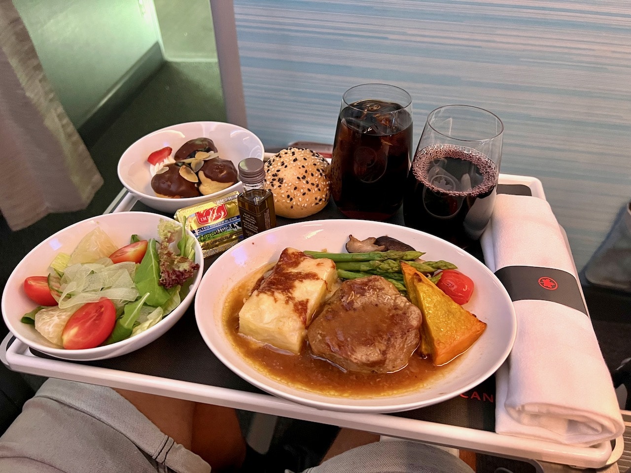 Air Canada Premium Economy Class meal service flying Bangkok to Vancouver