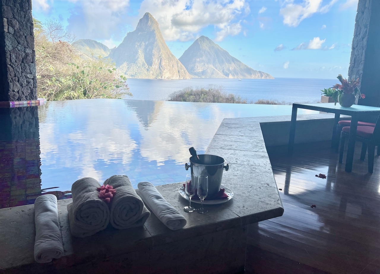 Romantic honeymoon couples should start their Jade Mountain Resort experience with a bottle of champagne.